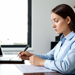 **Prompt:** A professional adult in modest business casual attire, seated at a modern desk in a well-lit home office. The person is intently reading a complex insurance policy document, with a subtle expression of deep contemplation and understanding, a pen held near the page. The background is tidy and organized. fully clothed, appropriate attire, professional dress, safe for work, appropriate content, perfect anatomy, correct proportions, natural pose, well-formed hands, proper finger count, natural body proportions, high-quality photography, sharp focus.
