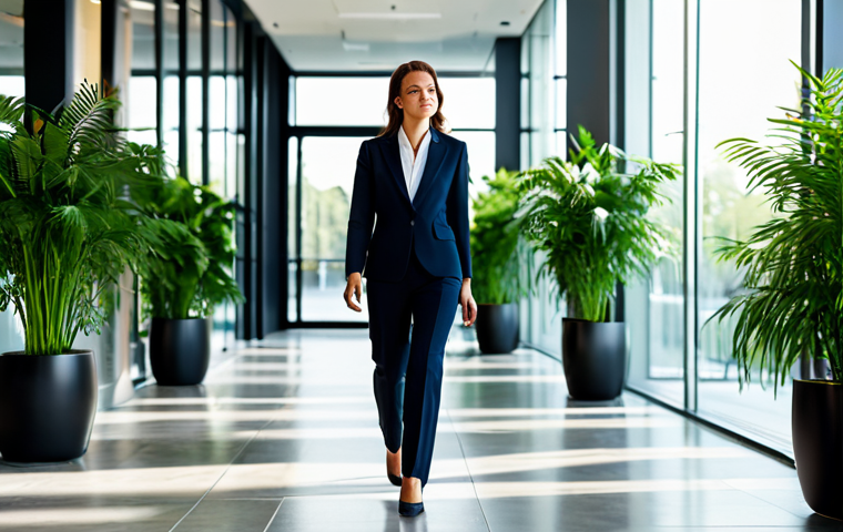 **

"A confident businesswoman in a tailored, fully clothed professional suit, walking through a modern, sunlit office lobby.  Glass walls, contemporary art, and lush green plants in the background.  Safe for work, appropriate content, perfect anatomy, correct proportions, well-formed hands, professional attire, professional photograph, high resolution."

**