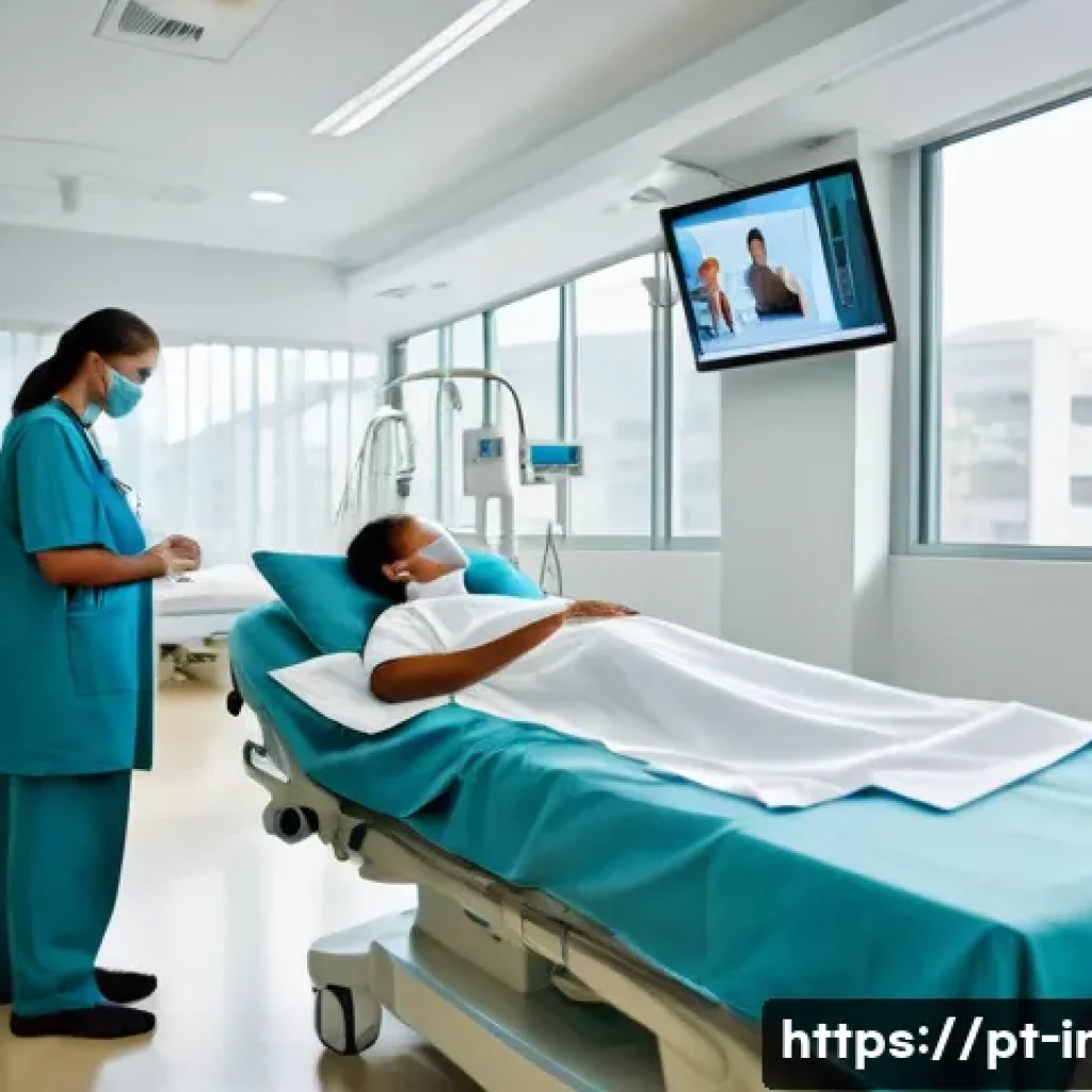 교통사고 입원비 보장 보험 - A professional medical scene inside a modern Brazilian hospital room, showing a middle-aged adult pa...