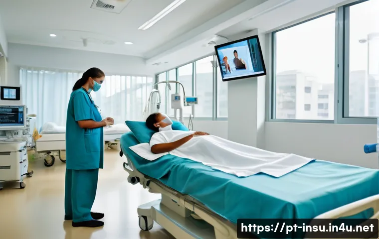 교통사고 입원비 보장 보험 - A professional medical scene inside a modern Brazilian hospital room, showing a middle-aged adult pa...