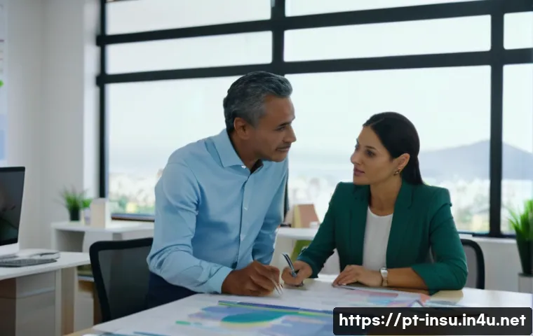 해약 환급금 높은 보험 - A professional office scene showing a middle-aged Brazilian man consulting with a female insurance a...