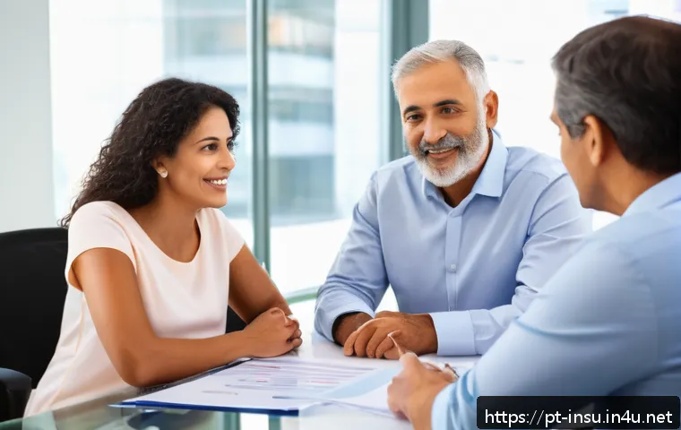 암보험 가입 시 유의점 - A professional, warm insurance agent explaining cancer insurance coverage options to a middle-aged B...