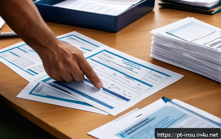 보험금 청구 시 필요한 서류 - A professional office scene showing a person carefully organizing important insurance claim document...