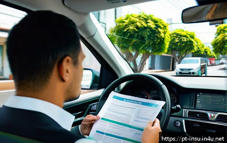 운전자 보험 면책 조항 - A detailed scene showing a worried Brazilian driver reading an insurance policy document inside a mo...