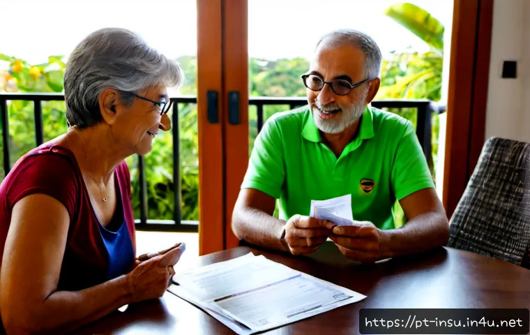Home 15 퇴직 후 건강보험 유지 방법 - Photorealistic Brazilian retired couple in their early 60s seated at a tidy home dining table, calml...
