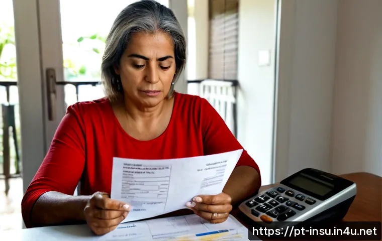 Home 16 보험금 지급 거절 사례 - Photorealistic Brazilian middle-aged woman at a tidy home office table, looking concerned while hold...